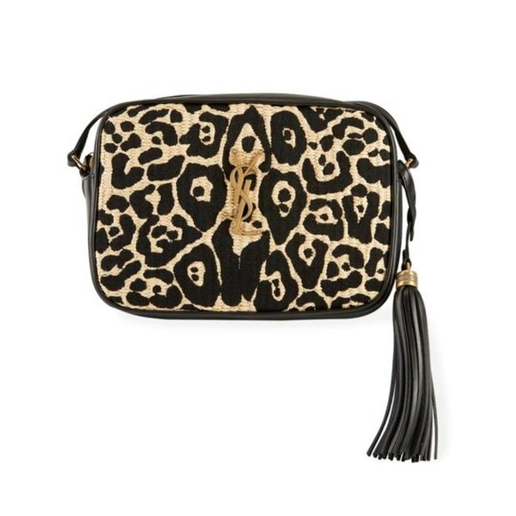 YSL Monogram Camera Lou Medium Jaguar Pattern Raffia Black Leather Shoulder Bag - Picture 1 of 12